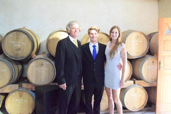 FJ, Benedikt and the Blomendahl family in the wine barrel cellar